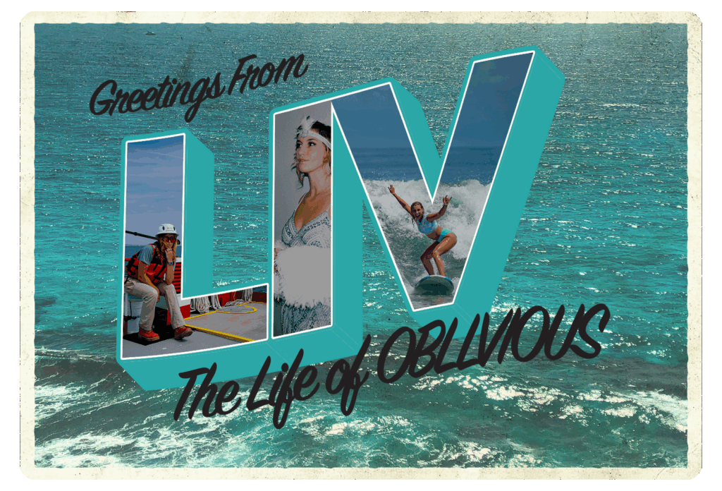 vintage style 'Greetings From' postcard with text for 'LIV - The Life of OBLLVIOUS' on a blue ocean background